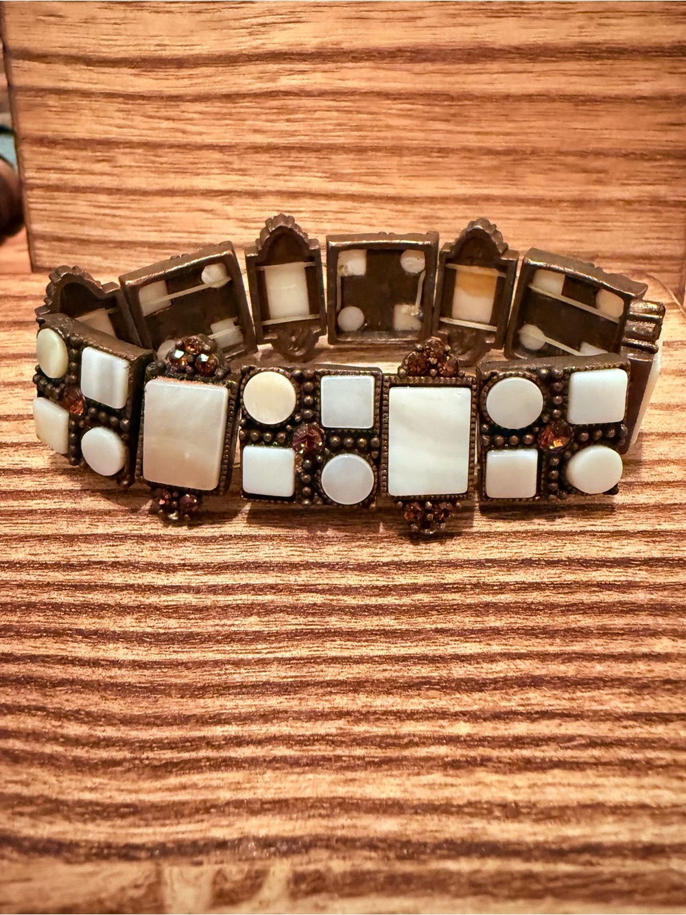 Mother of Pearl Shell Amber Rhinestone Bronze Tone Stretch Bracelet